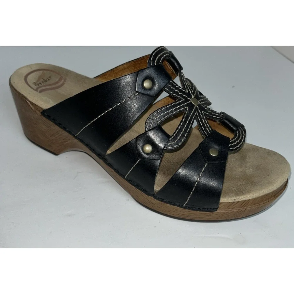 Dansko Serena Women's Size‎ 41/ 10.5-11 US Black Leather Flower Wedge